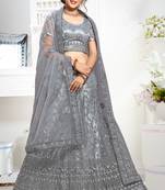 Grey cord net semi stitched lehenga