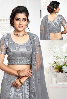 Grey cord net semi stitched lehenga 2