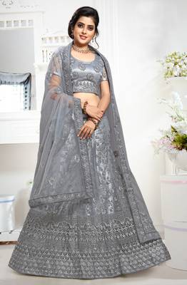 Grey cord net semi stitched lehenga 3