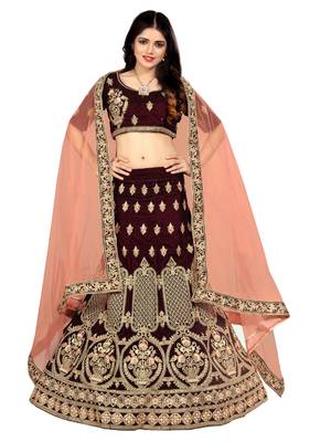 Maroon Embroidered Satin Lehenga-Choli 1