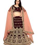 Maroon Embroidered Satin Lehenga-Choli