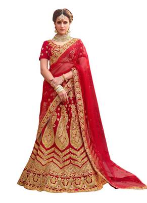 Red Embroidered Satin Lehenga-Choli 1