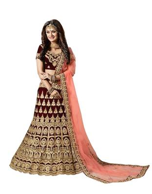 Maroon Embroidered Satin Lehenga-Choli 1