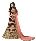 Maroon Embroidered Satin Lehenga-Choli