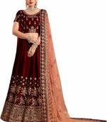 Maroon Embroidered Satin Lehenga-Choli