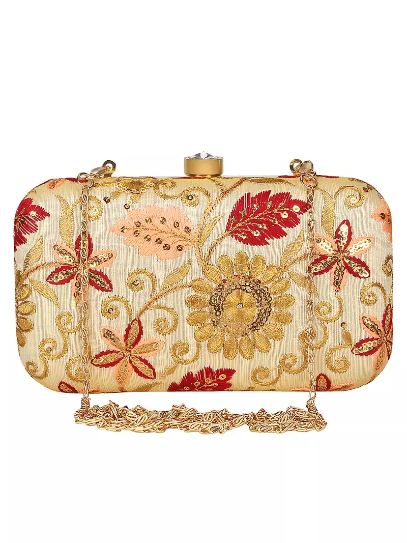 Anekaant Tulle Embroidered Faux Silk Clutch Natural & Multi