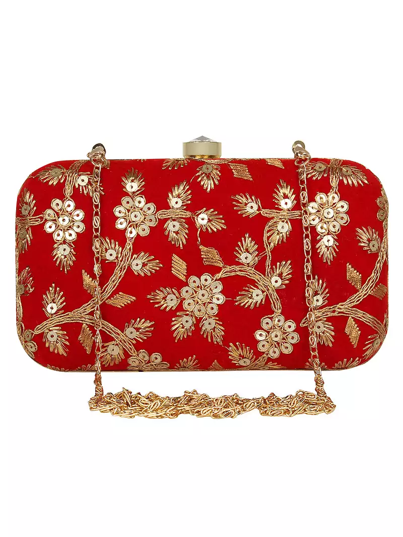 Anekaant Tulle Embroidered Velvet Clutch Red & Gold