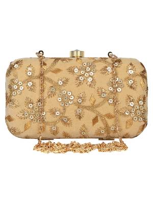 Anekaant Tulle Embroidered Velvet Clutch Beige &Gold 1