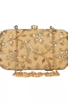 Anekaant Tulle Embroidered Velvet Clutch Beige &Gold