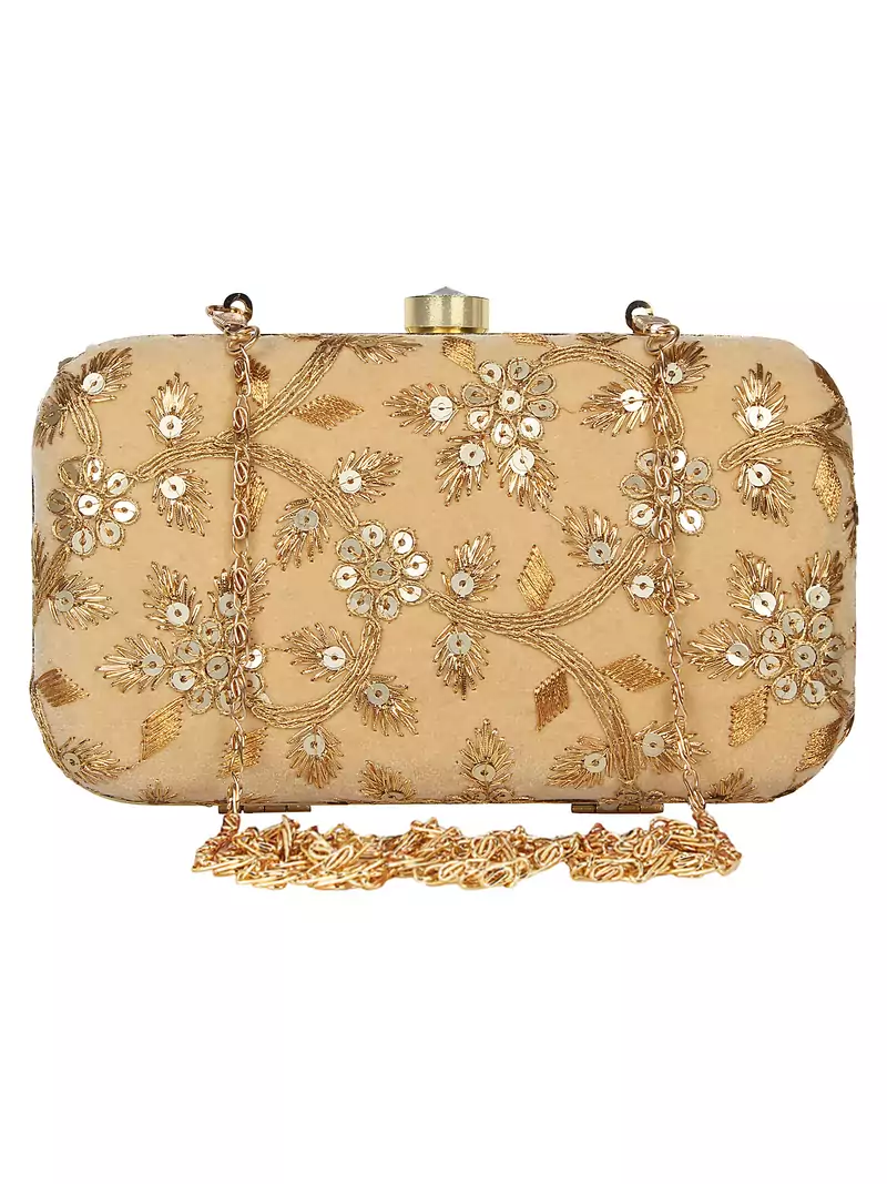 Anekaant Tulle Embroidered Velvet Clutch Beige &Gold