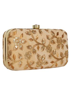 Anekaant Tulle Embroidered Velvet Clutch Beige &Gold 2