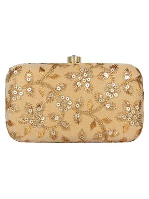 Anekaant Tulle Embroidered Velvet Clutch Beige &Gold 3