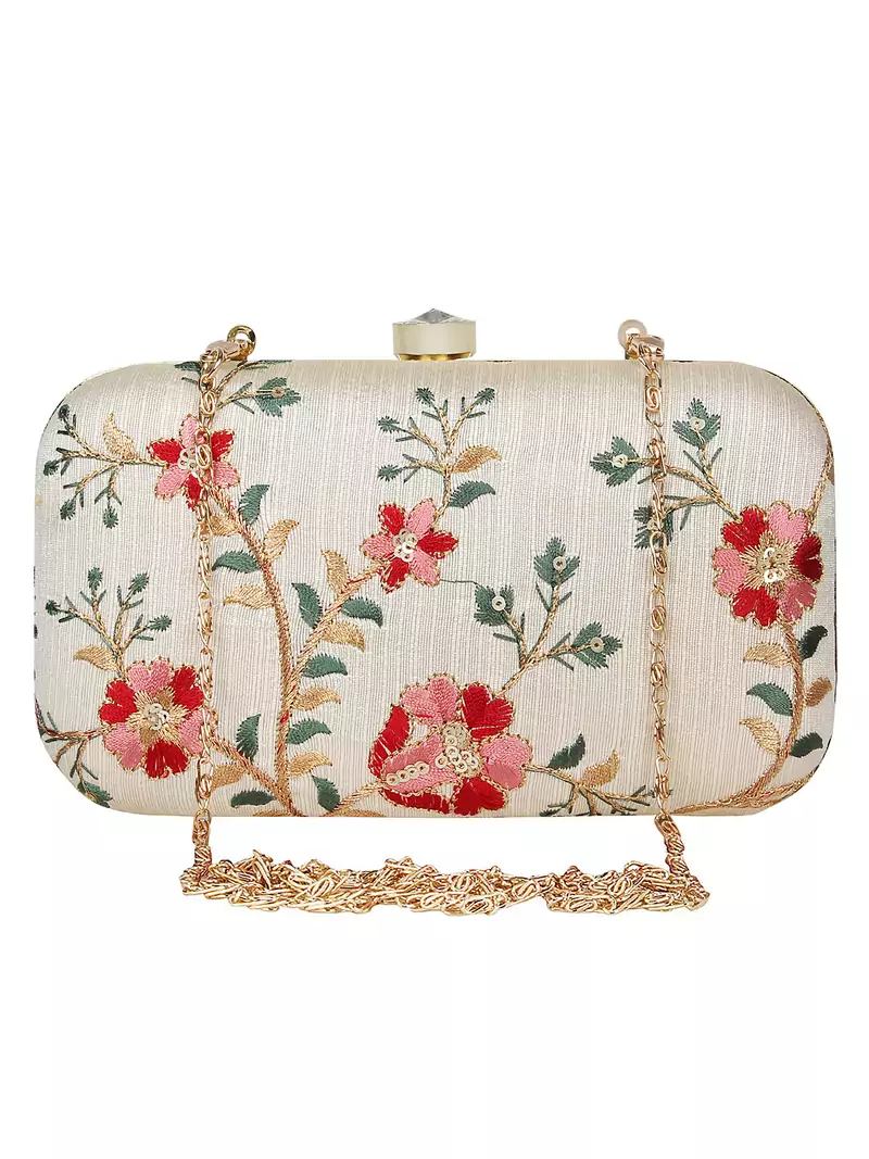 Anekaant Tulle Embroidered Faux Silk Clutch Natural & Multi