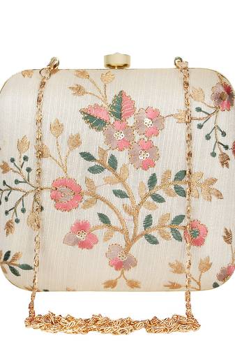 Anekaant Vista Embroidered Faux Silk Clutch Beige & Multi