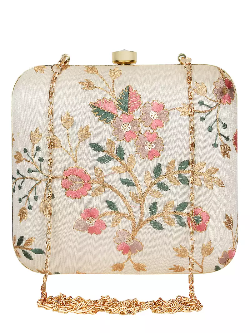 Anekaant Vista Embroidered Faux Silk Clutch Beige & Multi