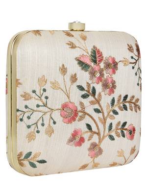 Anekaant Vista Embroidered Faux Silk Clutch Beige & Multi 2