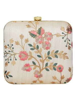 Anekaant Vista Embroidered Faux Silk Clutch Beige & Multi 3