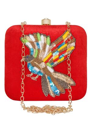 Anekaant Vista Embroidered Velvet Clutch Red & Multi 1