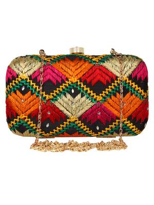 Anekaant Phulkari Embroidered Cotton Clutch Black & Multi 1