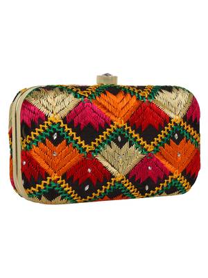 Anekaant Phulkari Embroidered Cotton Clutch Black & Multi 2