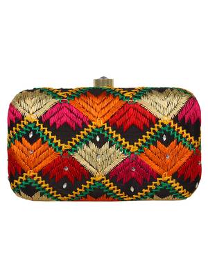 Anekaant Phulkari Embroidered Cotton Clutch Black & Multi 3