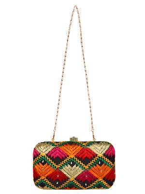 Anekaant Phulkari Embroidered Cotton Clutch Black & Multi 4