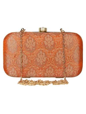 Anekaant Tulle Printed Silk Clutch Orange & Gold 1