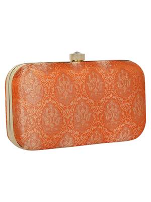 Anekaant Tulle Printed Silk Clutch Orange & Gold 2