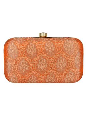 Anekaant Tulle Printed Silk Clutch Orange & Gold 3