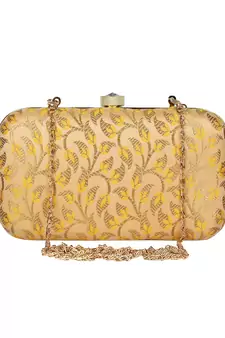 Anekaant Tulle Printed Silk Clutch Yellow & Gold