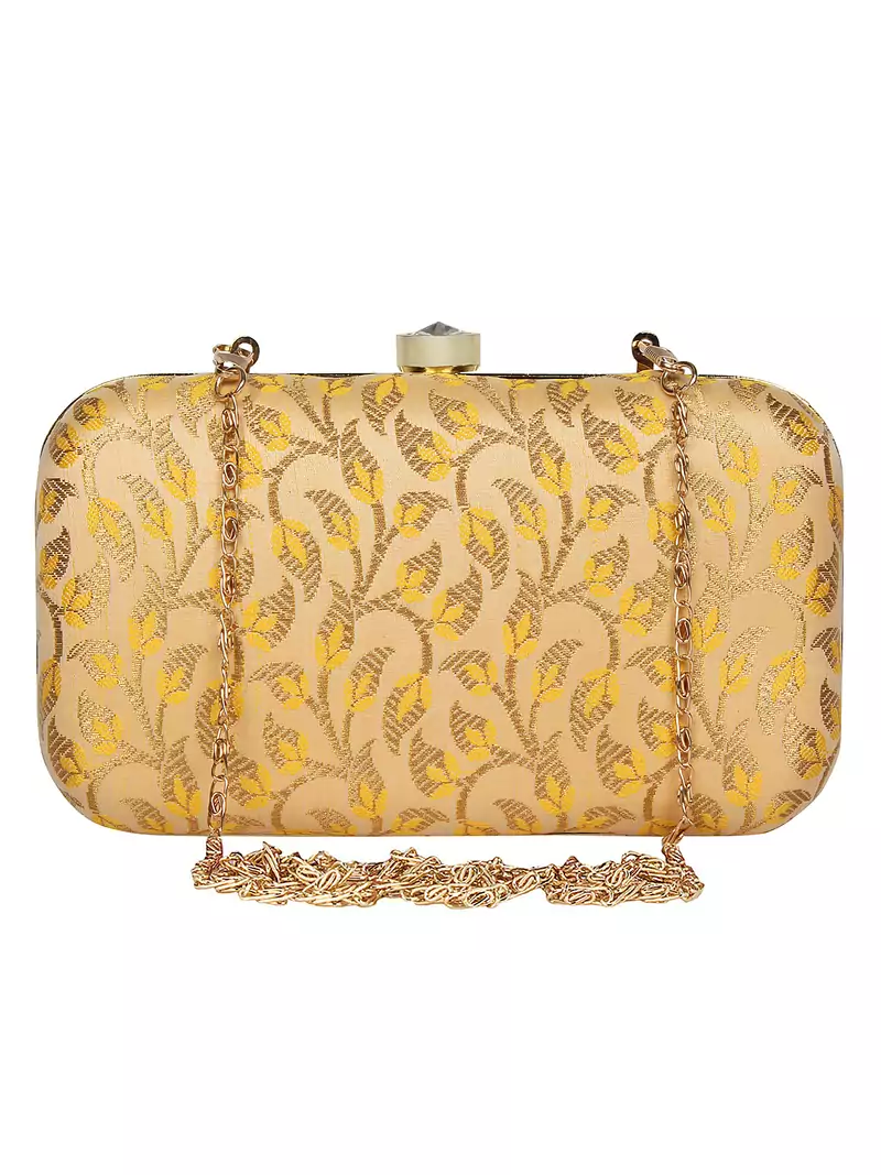 Anekaant Tulle Printed Silk Clutch Yellow & Gold