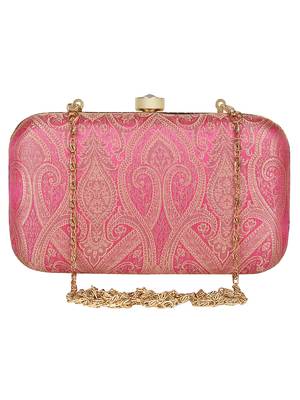 Anekaant Tulle Printed Silk Clutch Pink & Gold 1