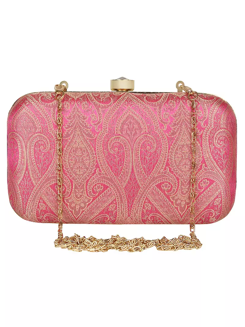 Anekaant Tulle Printed Silk Clutch Pink & Gold