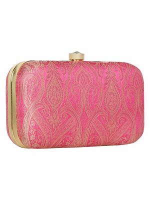 Anekaant Tulle Printed Silk Clutch Pink & Gold 2