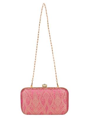Anekaant Tulle Printed Silk Clutch Pink & Gold 4