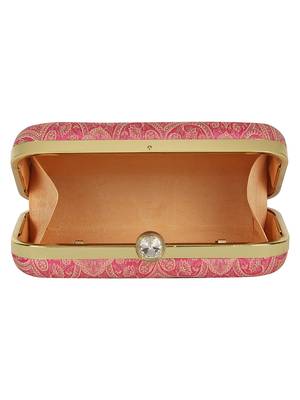 Anekaant Tulle Printed Silk Clutch Pink & Gold 5