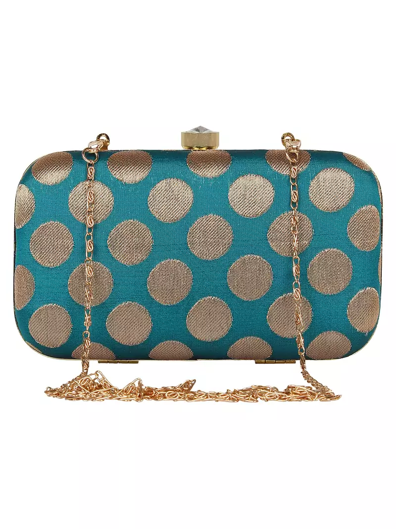 Anekaant Tulle Printed Faux Silk Clutch Rama Green & Gold
