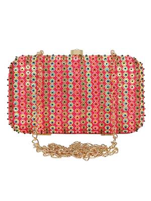 Anekaant Adorn Embellished Faux Silk Clutch Pink & Multi 1