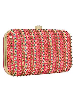 Anekaant Adorn Embellished Faux Silk Clutch Pink & Multi 2