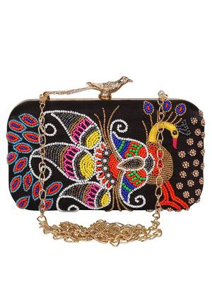 Anekaant Adorn Embroidered Faux Silk Clutch Black & Multi 1