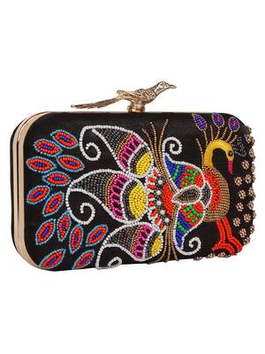 Anekaant Adorn Embroidered Faux Silk Clutch Black & Multi 2