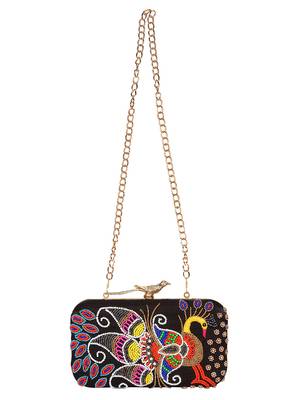 Anekaant Adorn Embroidered Faux Silk Clutch Black & Multi 4