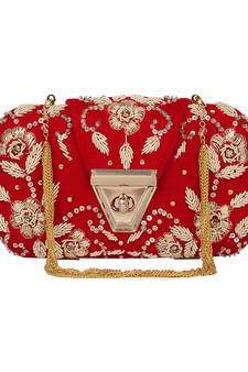Anekaant Hasp Embroidered Velvet Clutch Red & Gold