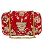 Anekaant Hasp Embroidered Velvet Clutch Red & Gold