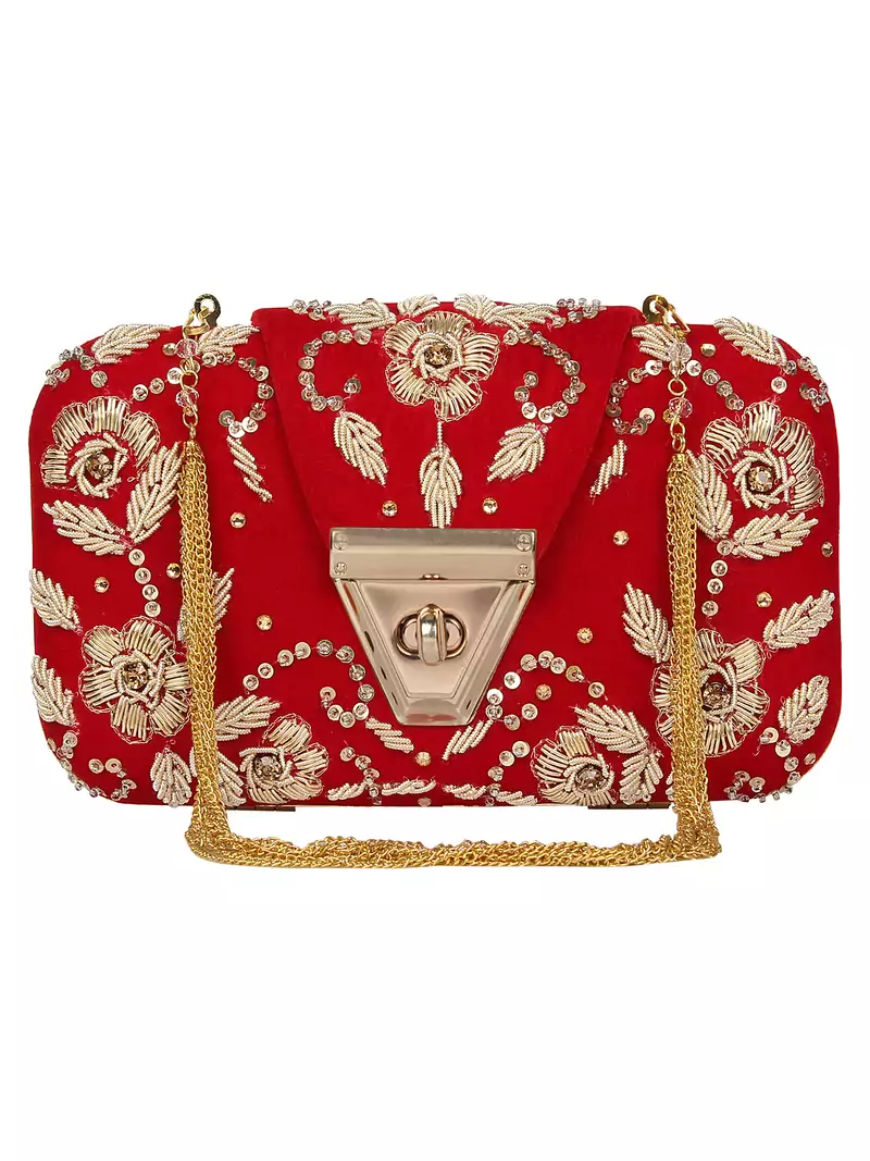 Anekaant Hasp Embroidered Velvet Clutch Red & Gold