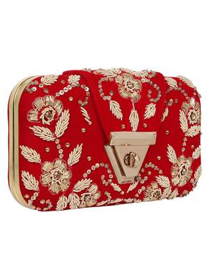 Anekaant Hasp Embroidered Velvet Clutch Red & Gold 2