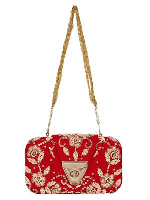 Anekaant Hasp Embroidered Velvet Clutch Red & Gold 4