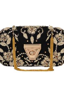 Anekaant Hasp Embroidered Velvet Clutch Black & Gold