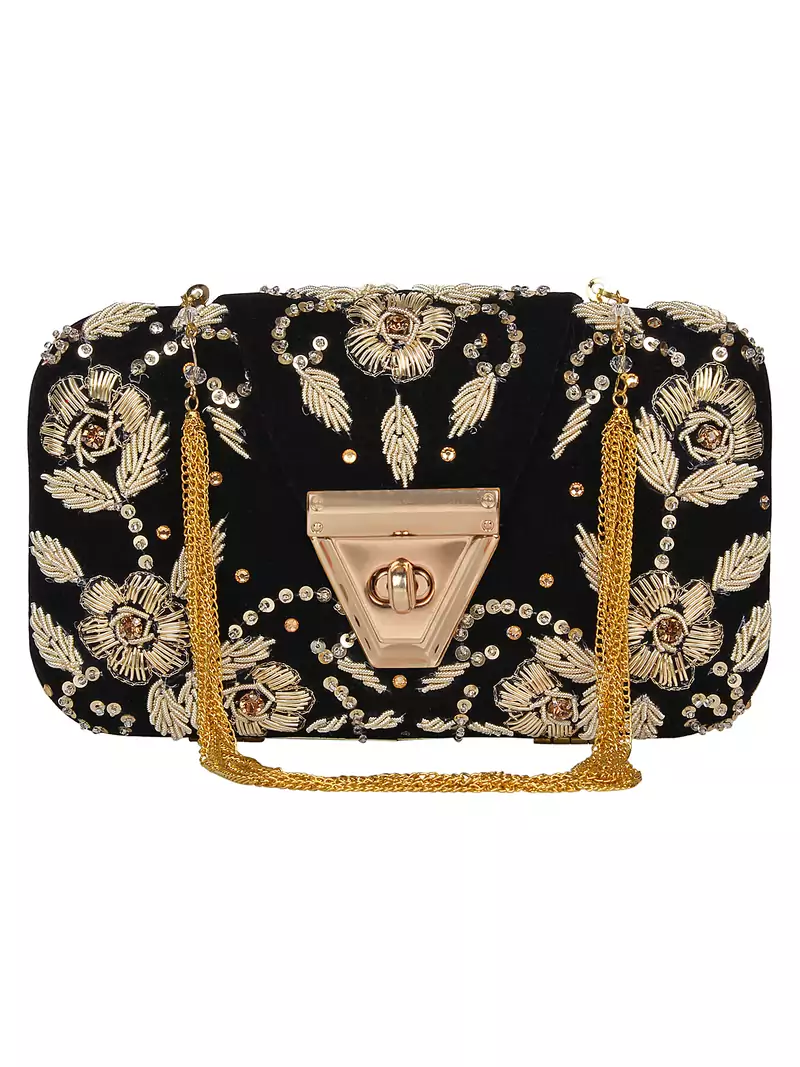 Anekaant Hasp Embroidered Velvet Clutch Black & Gold