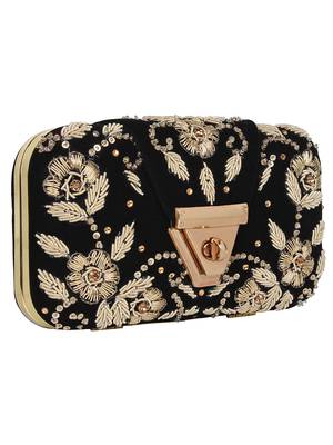Anekaant Hasp Embroidered Velvet Clutch Black & Gold 2